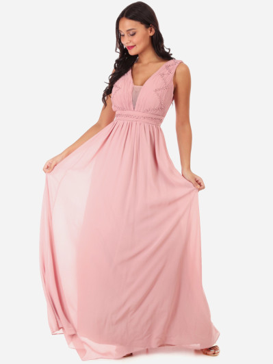 Robe longue drapée vieux rose brodée de perles