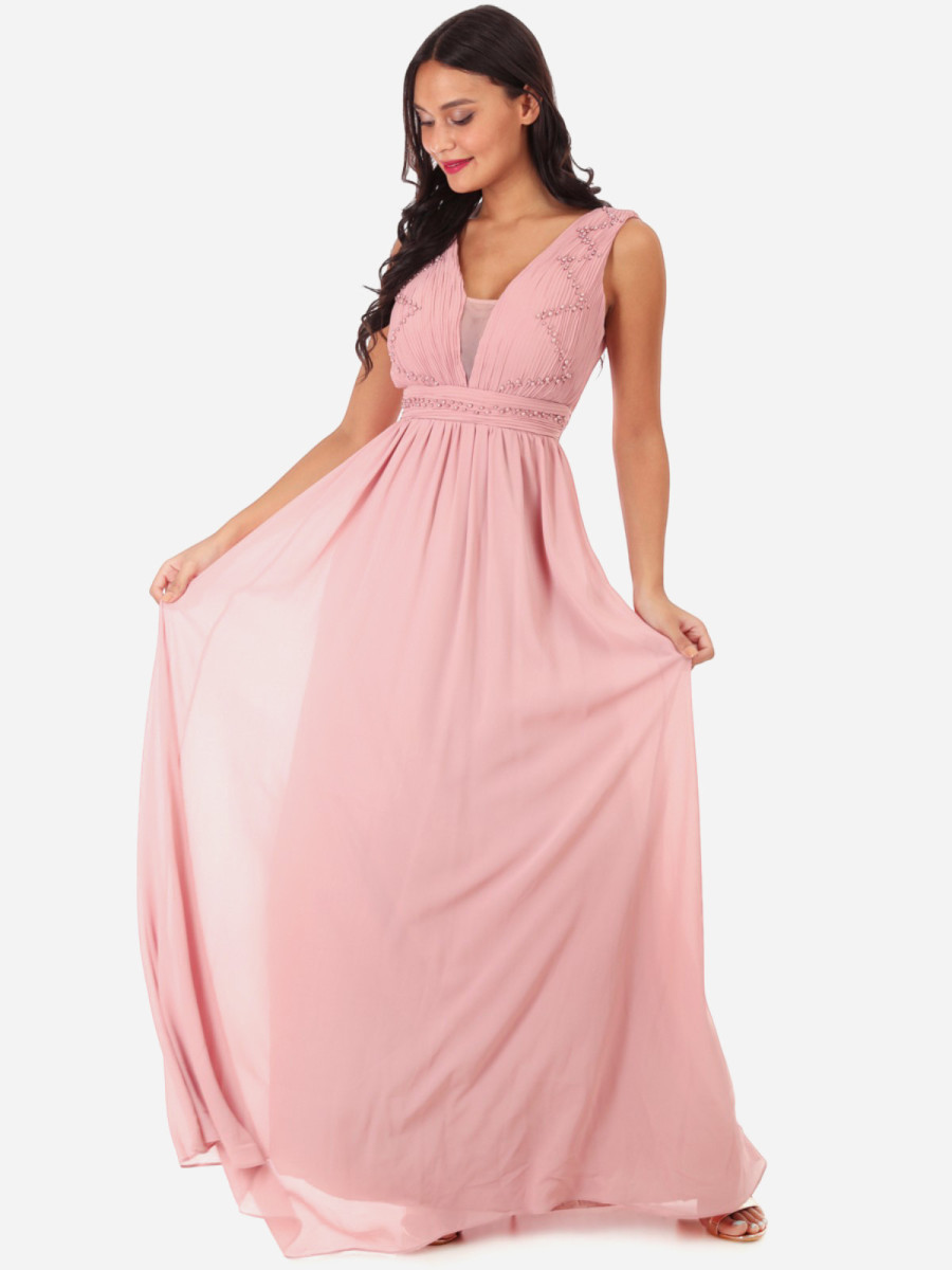 Robe longue drapée vieux rose brodée de perles