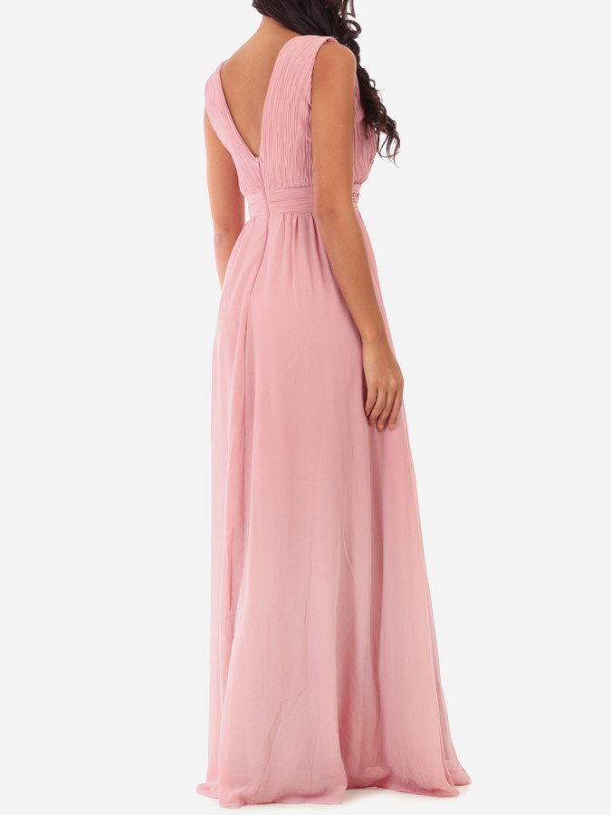 Robe longue drapée vieux rose brodée de perles