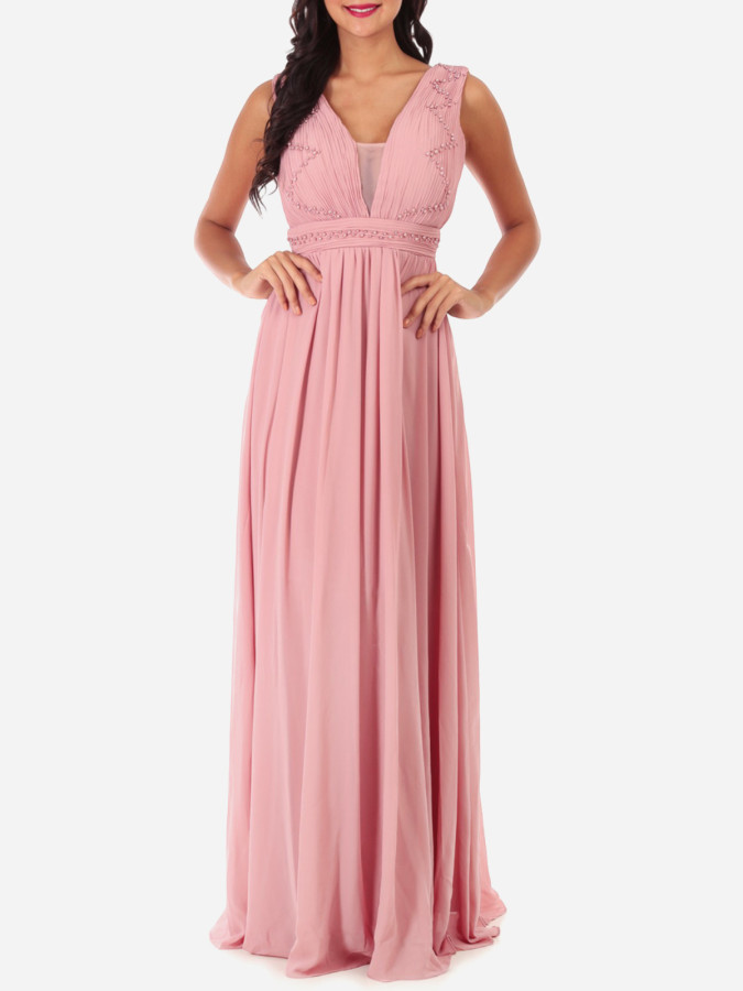 Robe longue drapée vieux rose brodée de perles