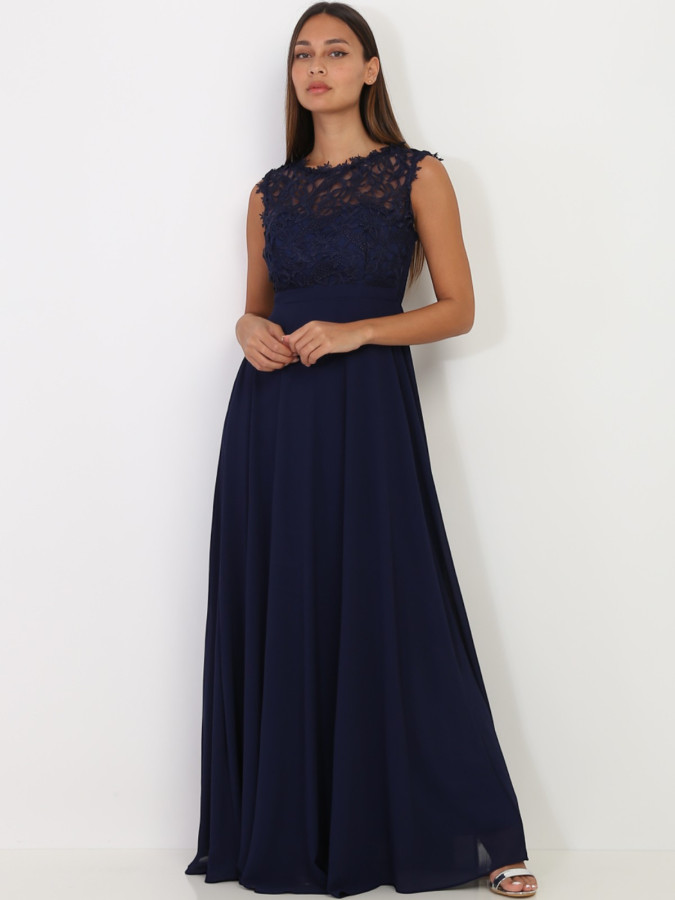 Robe longue bleu marine à dentelle