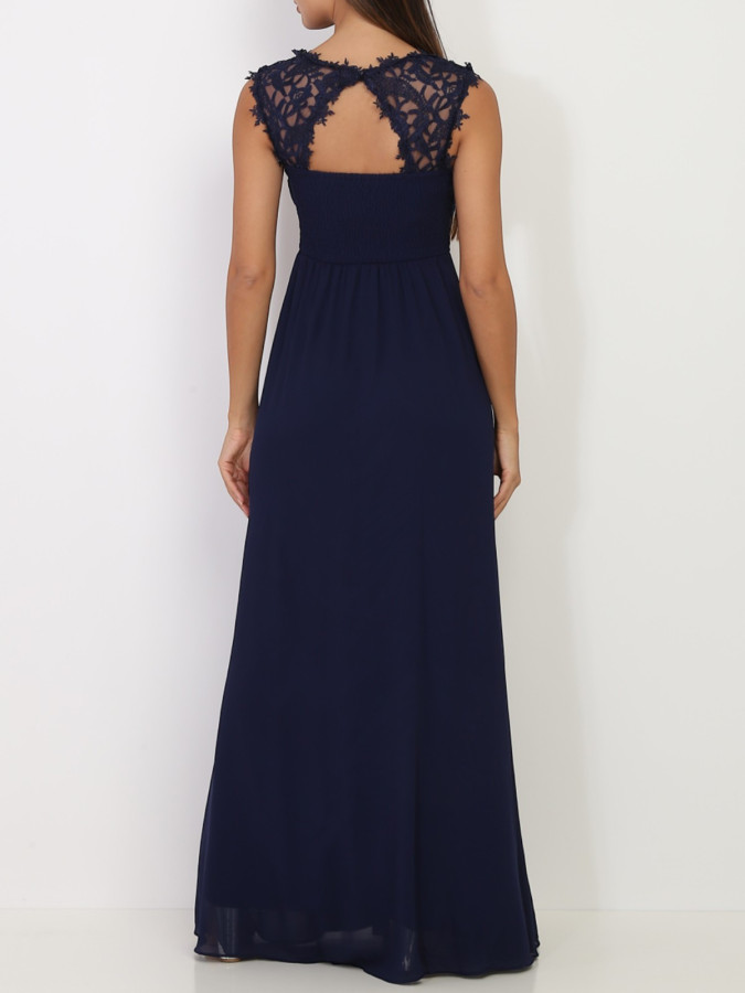 Robe longue bleu marine à dentelle