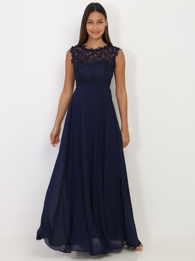 Robe longue bleu marine à dentelle