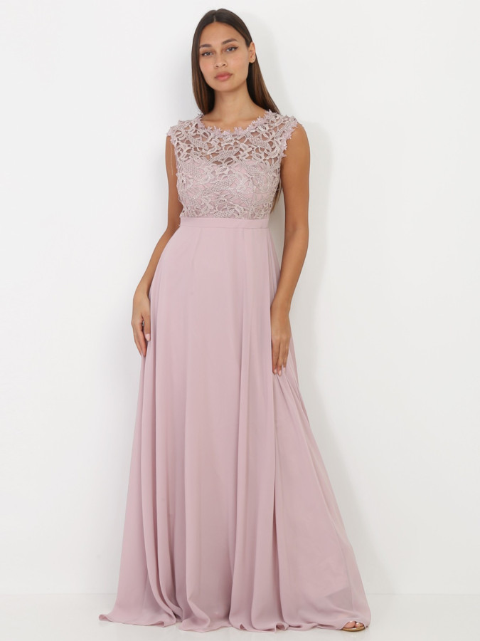 Robe longue taupe à dentelle