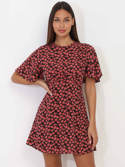 Robe patineuse dos nu noire à motif roses