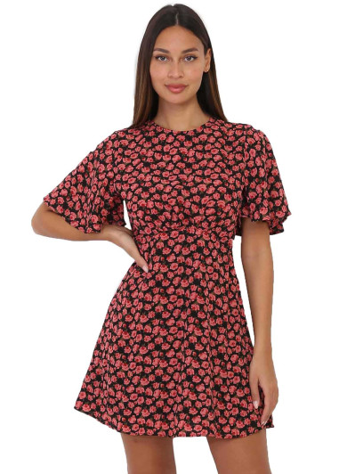 Robe patineuse dos nu noire à motif roses
