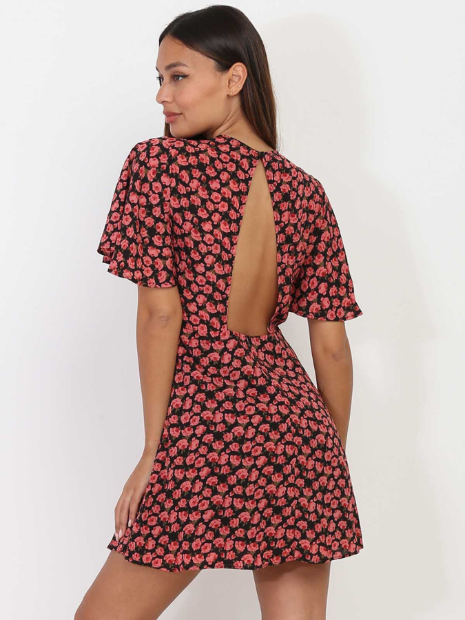 Robe patineuse dos nu noire à motif roses