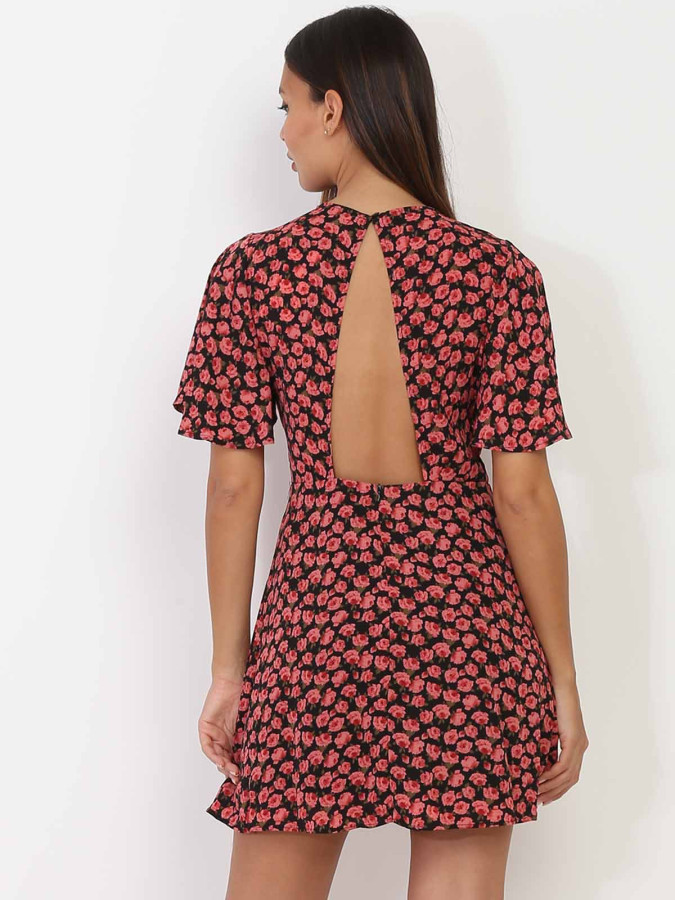 Robe patineuse dos nu noire à motif roses