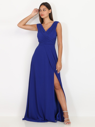 Robe longue drapée bleu roi avec fente