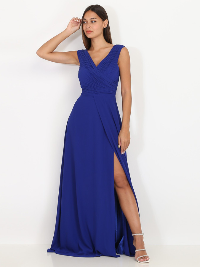 Robe longue drapée bleu roi avec fente