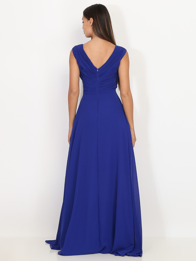 Robe longue drapée bleu roi avec fente