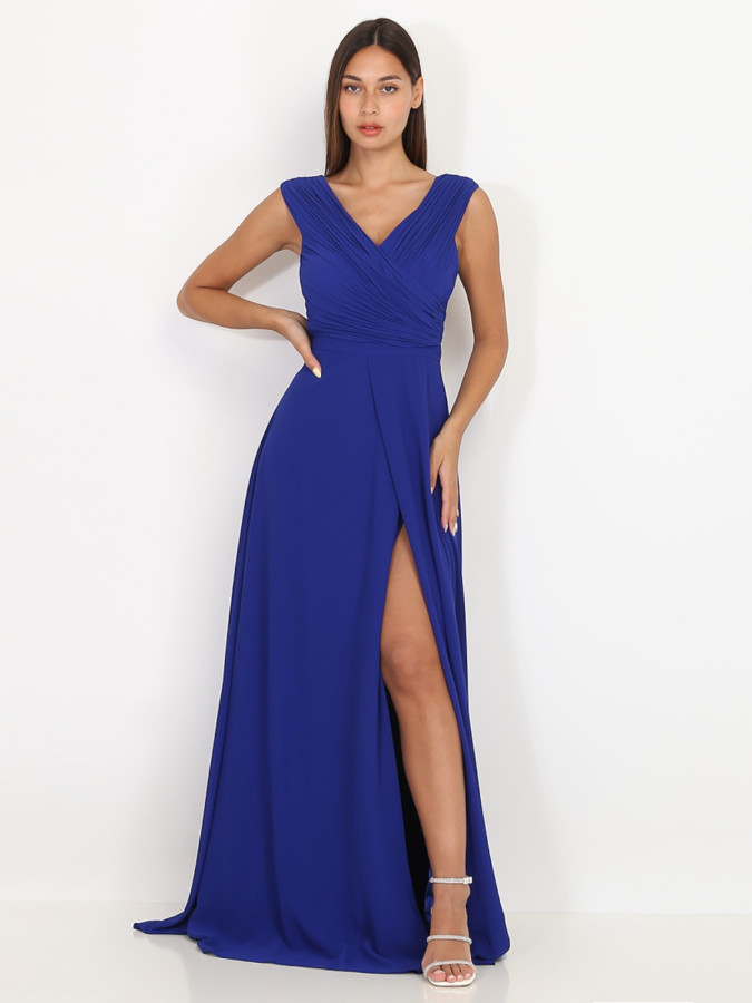 Robe longue drapée bleu roi avec fente