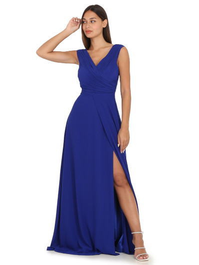 Robe longue drapée bleu roi avec fente