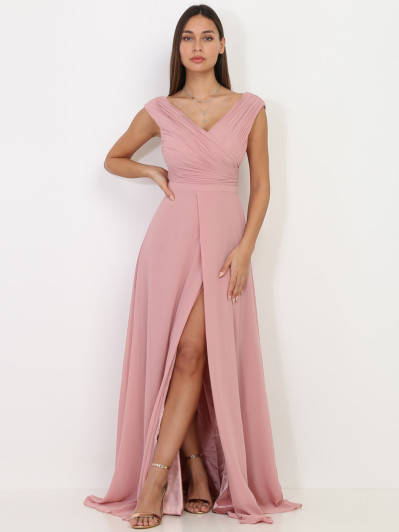 Robe longue drapée vieux rose avec fente