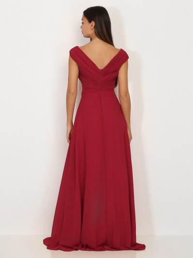 Robe longue drapée bordeaux avec fente