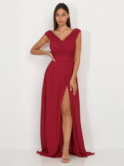 Robe longue drapée bordeaux avec fente