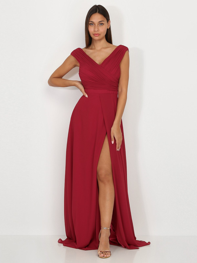 Robe longue drapée bordeaux avec fente