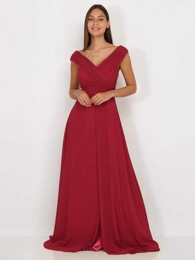 Robe longue drapée bordeaux avec fente