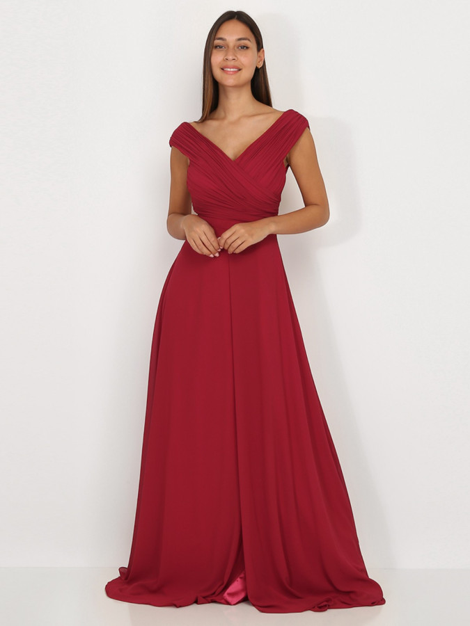 Robe longue drapée bordeaux avec fente