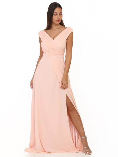 Robe longue drapée rose poudré avec fente