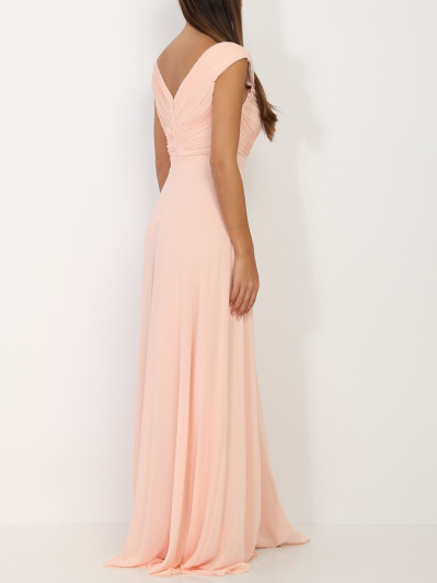 Robe longue drapée rose poudré avec fente