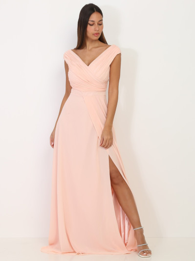 Robe longue drapée rose poudré avec fente
