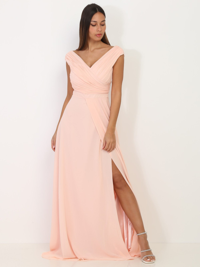 Robe longue drapée rose poudré avec fente