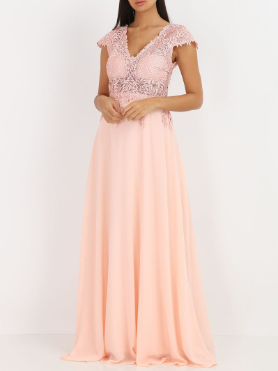 Robe longue rose dos nu à dentelle