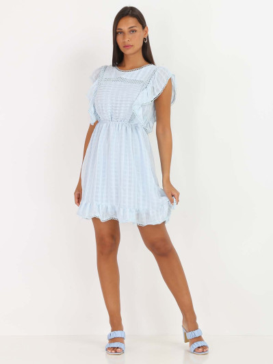 Robe bleue à volants et à noeud dans le dos