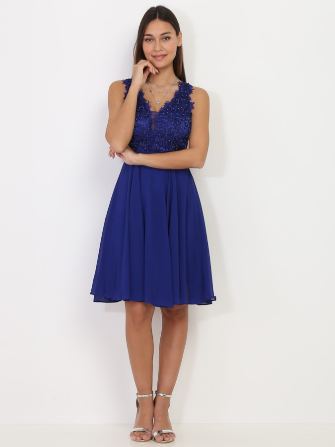 Robe bleue patineuse à broderie grandes tailles