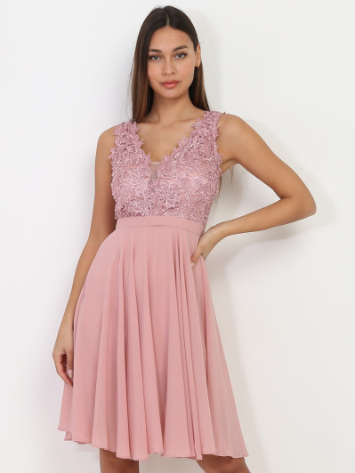 Robe vieux rose patineuse à broderie grandes tailles