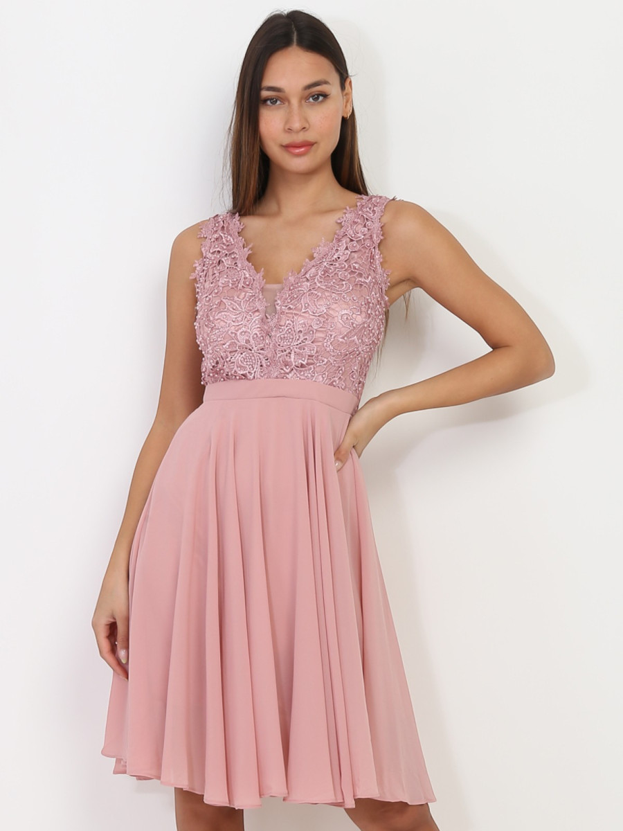 Robe vieux rose patineuse à broderie grandes tailles