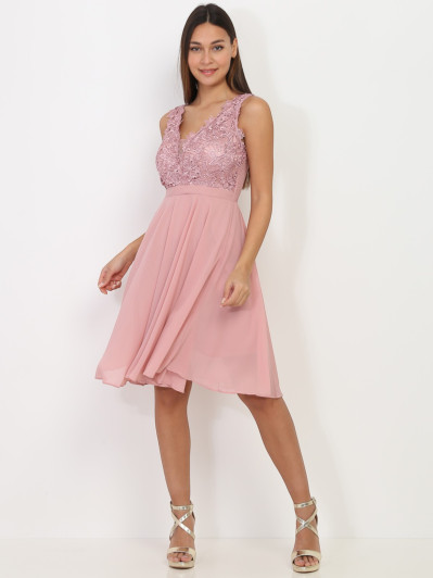 Robe vieux rose patineuse à broderie grandes tailles