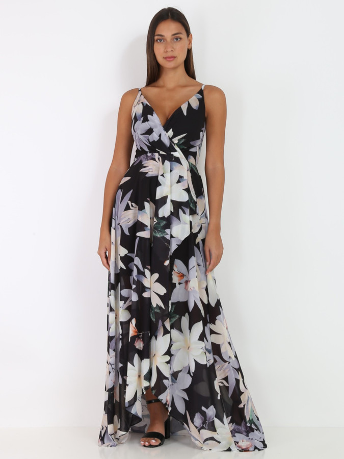 Robe longue noire fendue à fleurs XXL