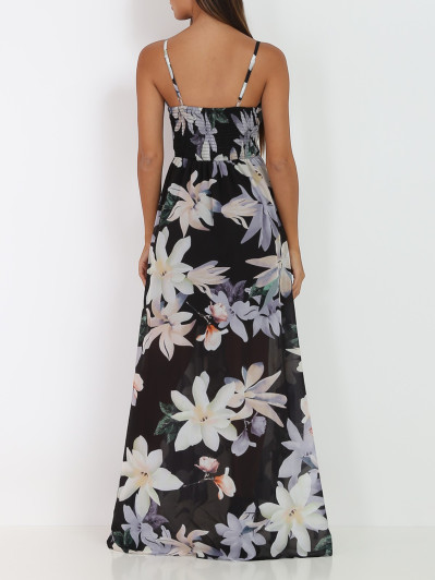Robe longue noire fendue à fleurs XXL