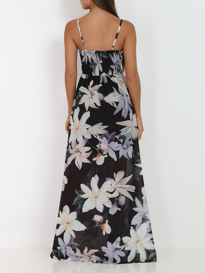 Robe longue noire fendue à fleurs XXL