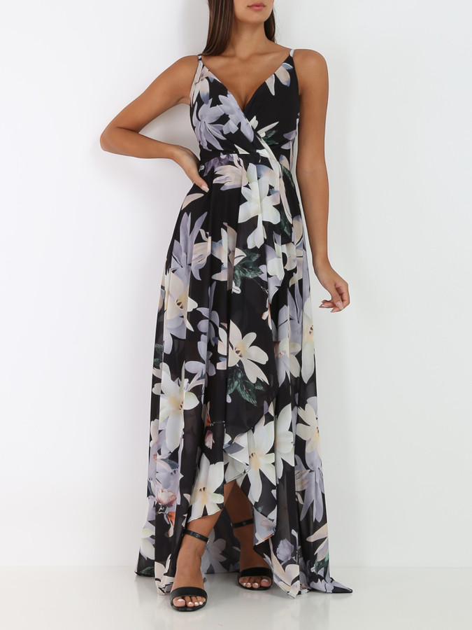 Robe longue noire fendue à fleurs XXL