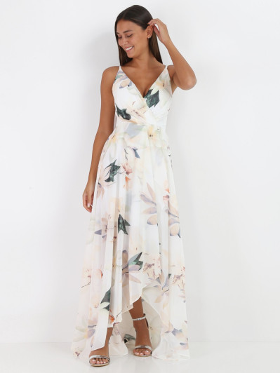 Robe longue blanche fendue à fleurs XXL