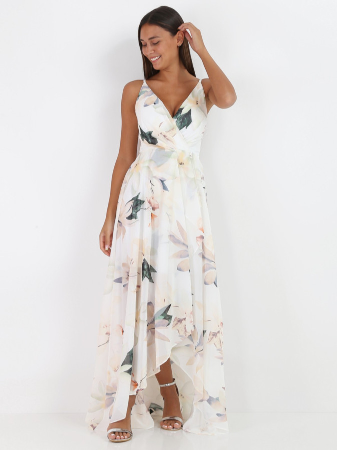 Robe longue blanche fendue à fleurs XXL