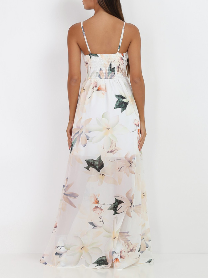 Robe longue blanche fendue à fleurs XXL