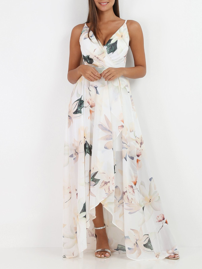 Robe longue blanche fendue à fleurs XXL