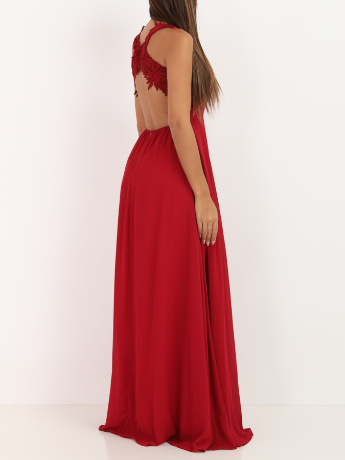 Robe longue bordeaux à broderies fleuries