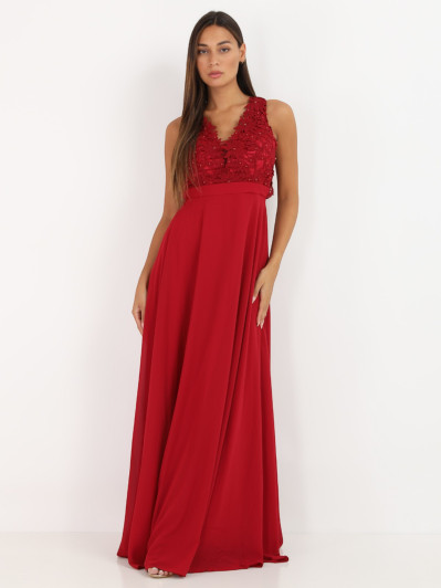 Robe longue bordeaux à broderies fleuries