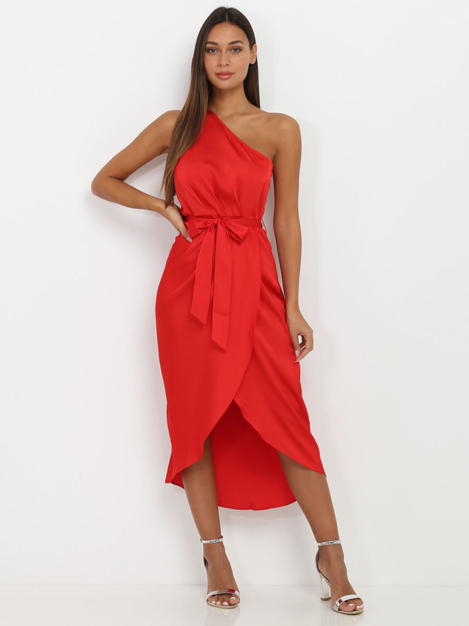 Robe asymétrique satinée rouge