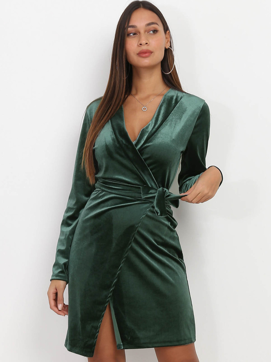 Robe portefeuille verte en velours