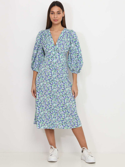 Robe mi-longue verte fleurie à manches bouffantes