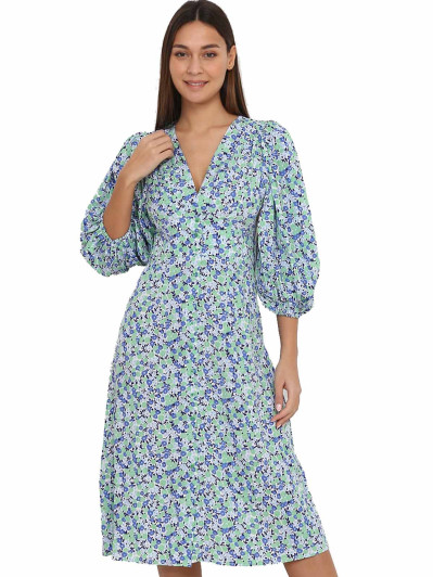 Robe mi-longue verte fleurie à manches bouffantes