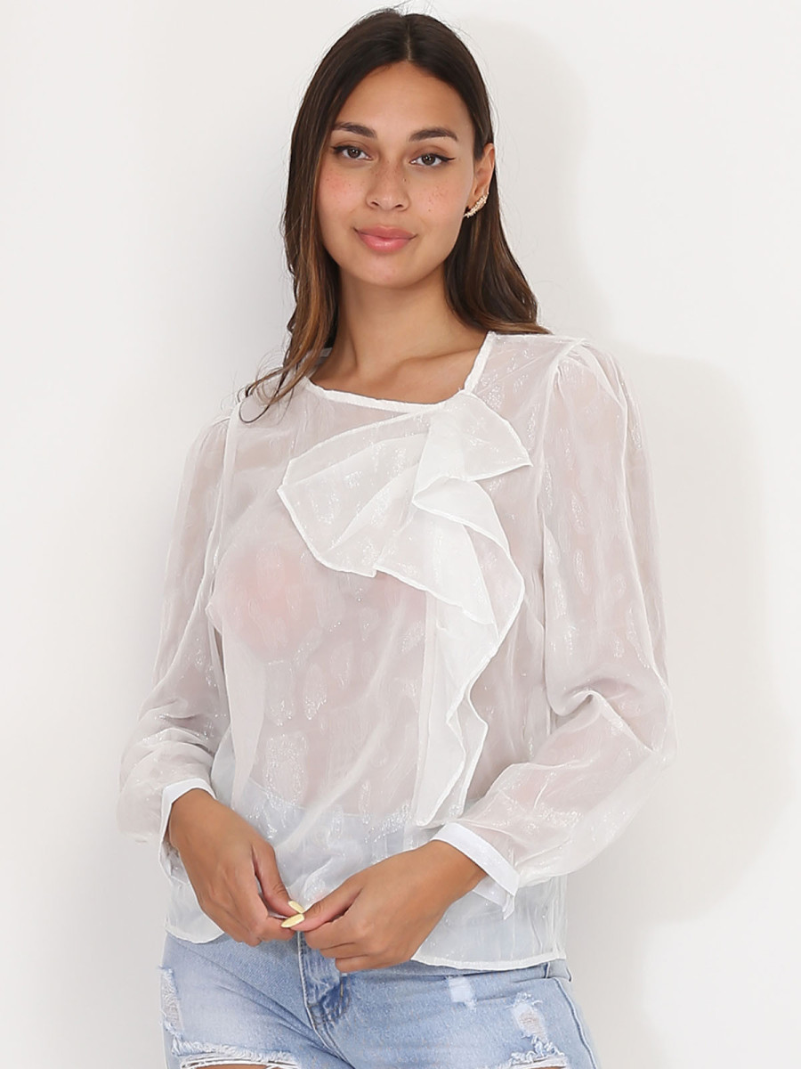 Blouse blanche transparente scintillante à volants