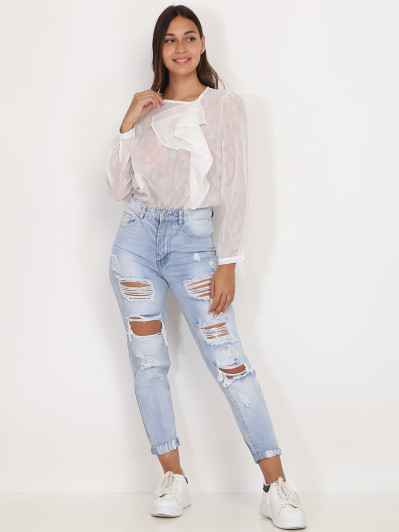 Blouse blanche transparente scintillante à volants