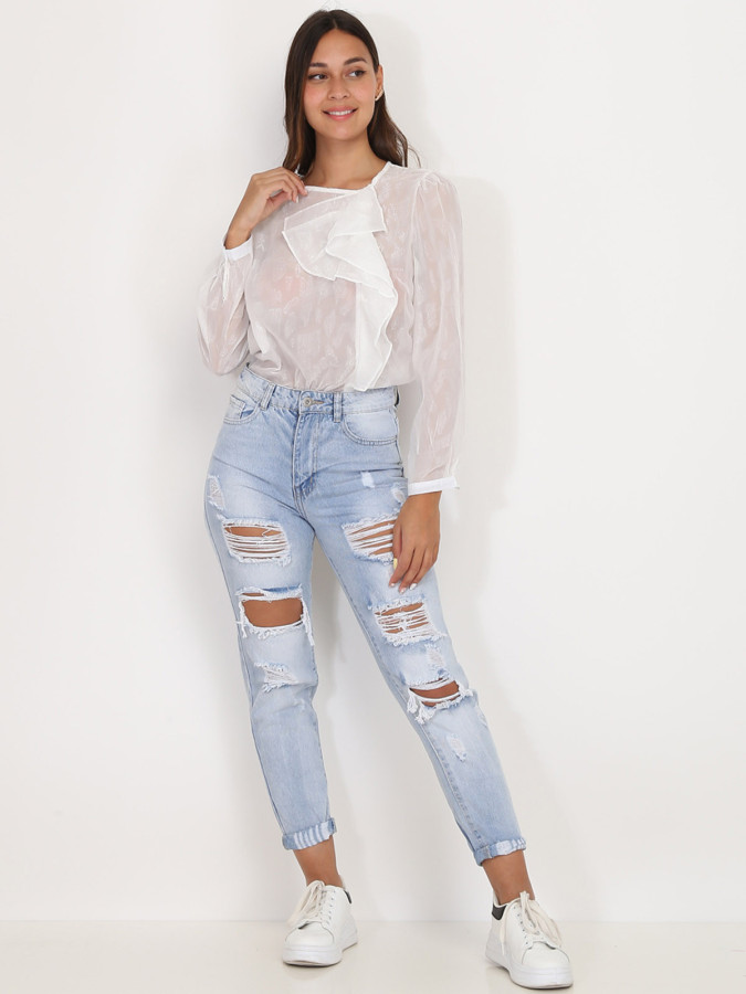 Blouse blanche transparente scintillante à volants